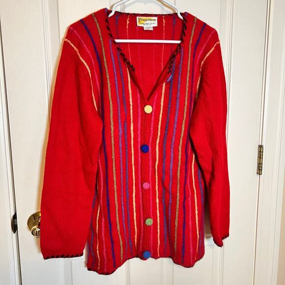 Handmade Peruvian 100% Alpaca Wool Sweater Art to Wear Red Multi Color Stripe - Picture 3 of 9